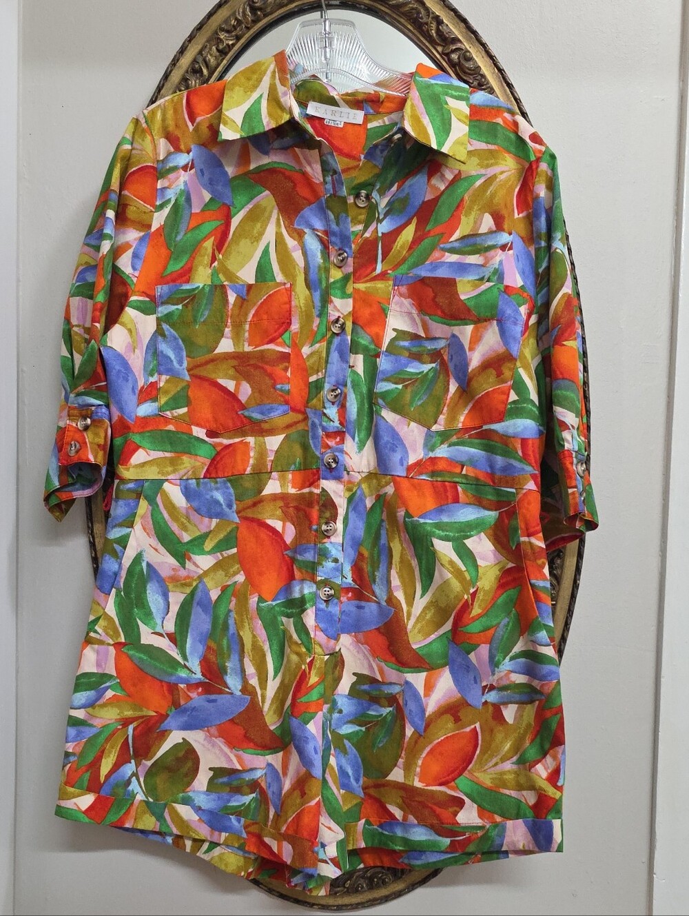 KARLIE Tropical Islabd Multicolor Leaf-Print Romper with Pockets Size Large
